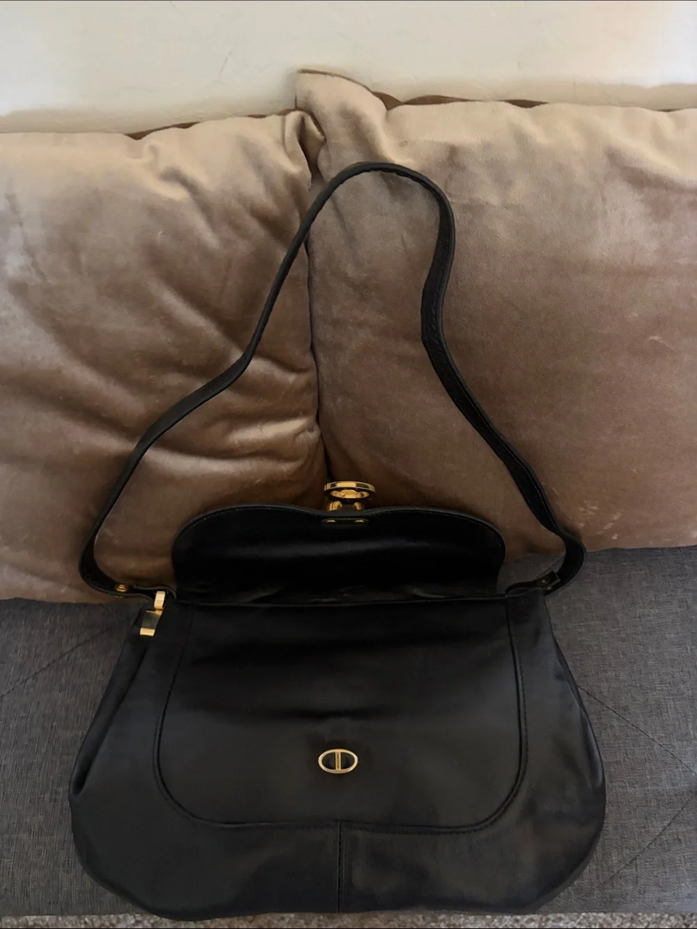 Vintage Black Leather Shoulder Bag with Gold Hardware, Strap 15 1/2 in. ,13x8 in